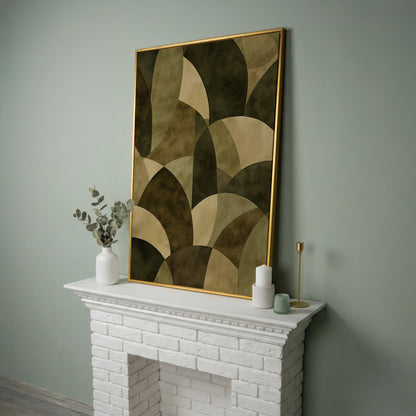 Abstract Circles Canvas Art, Overlapping Geometric Shapes in Portrait in yellow gold floating frame