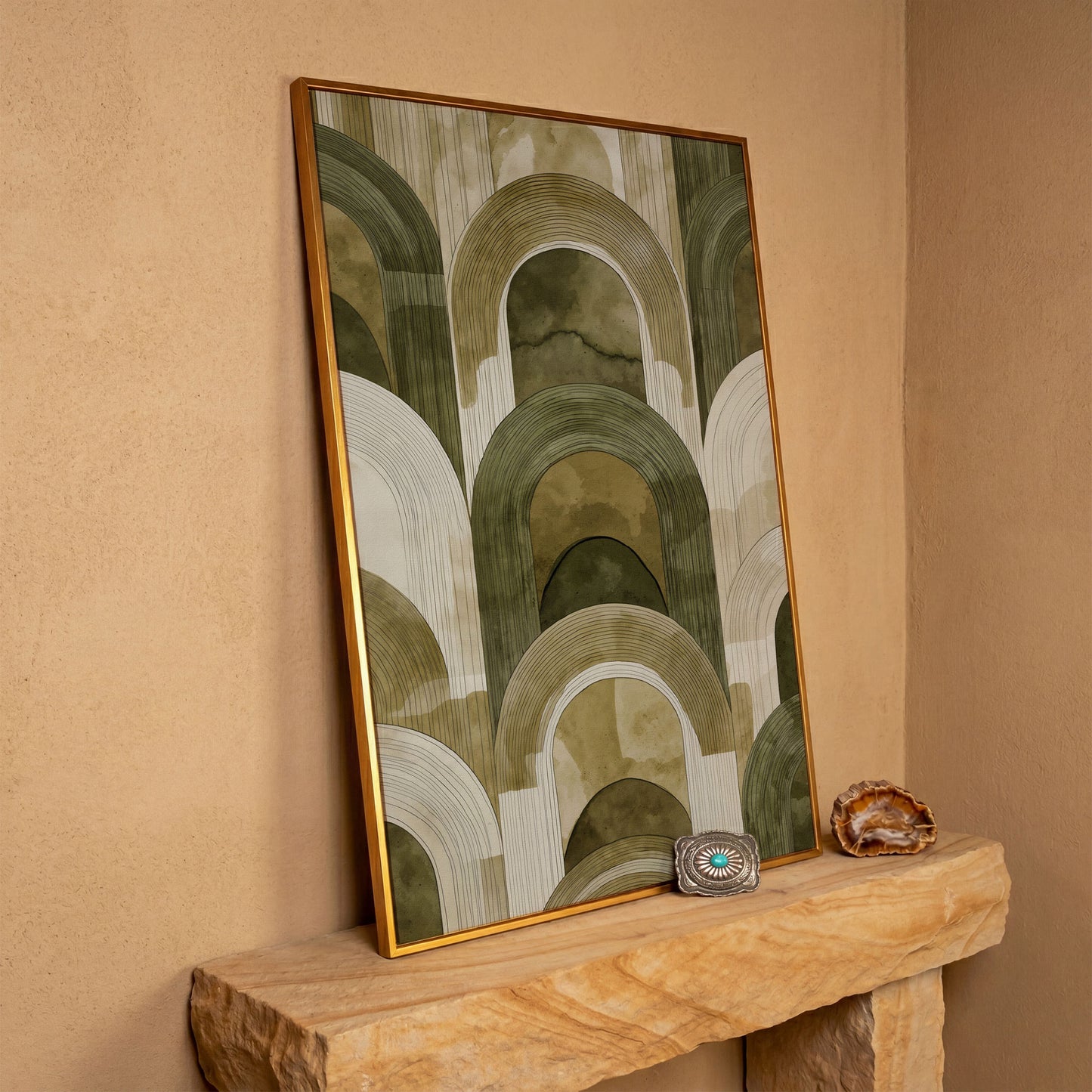 Arch and Rectangle Abstract. Geometric Canvas Wall Art in antique gold floating frame