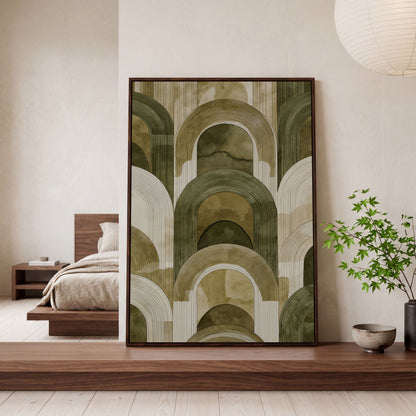 Arch and Rectangle Abstract. Geometric Canvas Wall Art in dark walnut floating frame