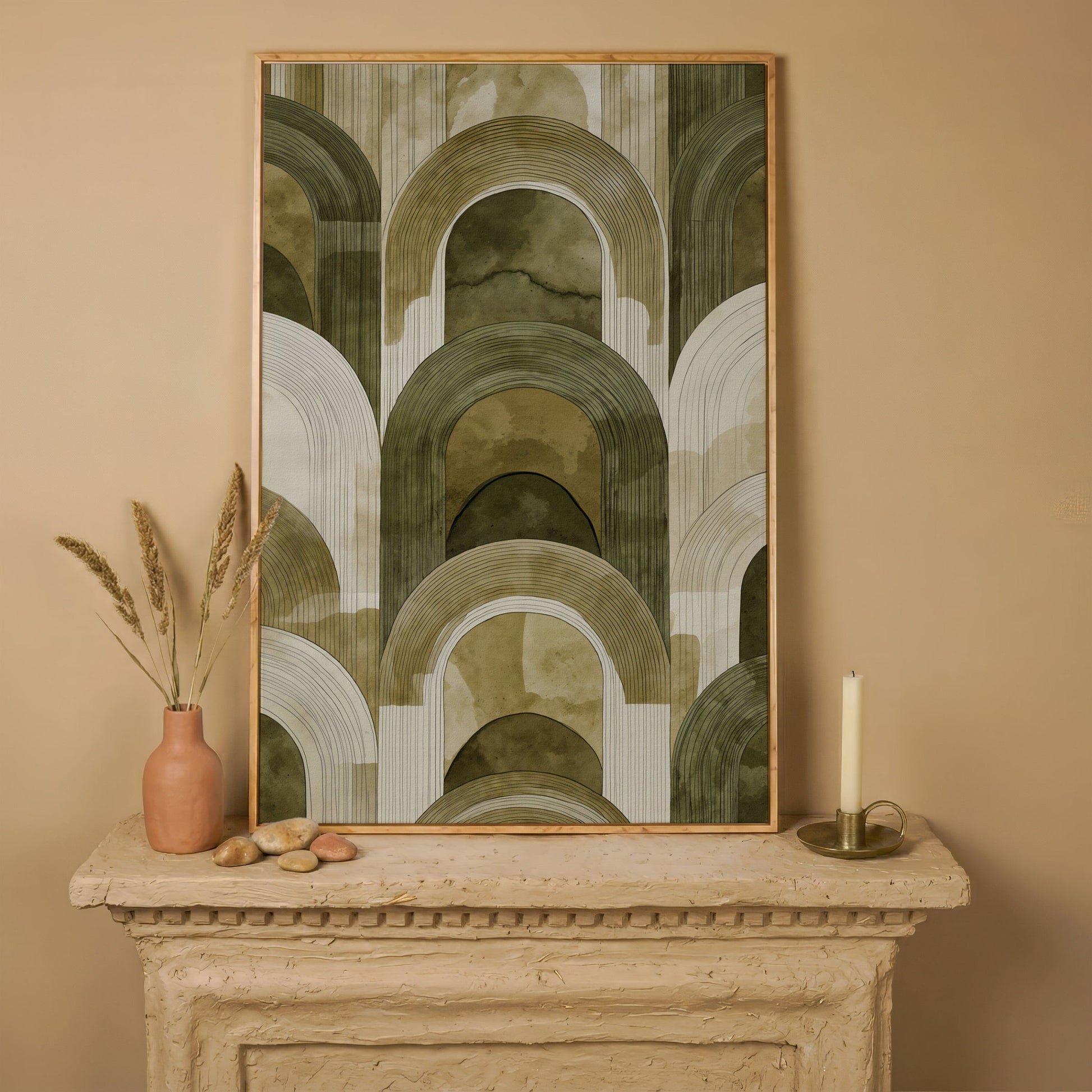 Arch and Rectangle Abstract. Geometric Canvas Wall Art in white oak floating frame