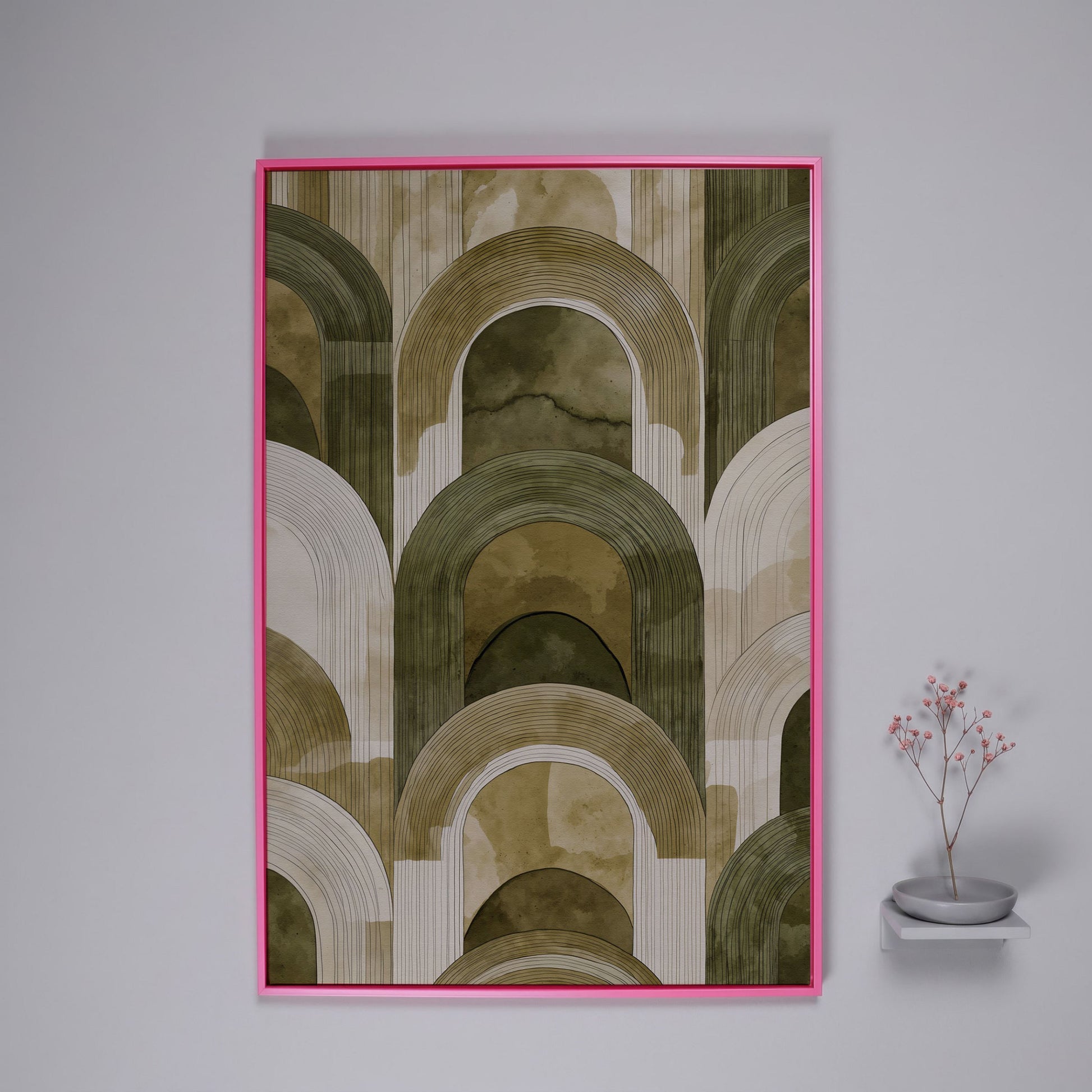 Arch and Rectangle Abstract. Geometric Canvas Wall Art in pink floating frame