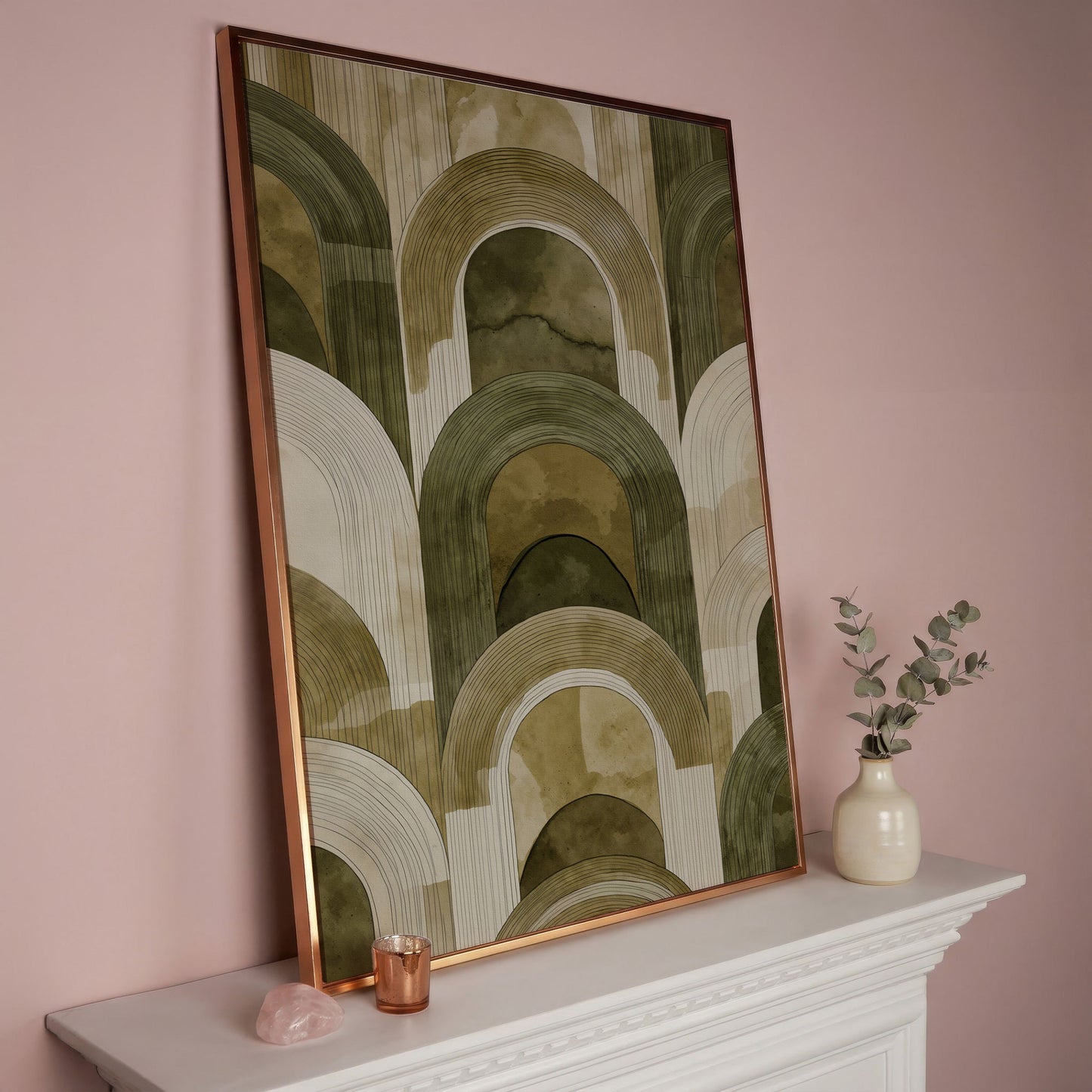 Arch and Rectangle Abstract. Geometric Canvas Wall Art in rose gold floating frame