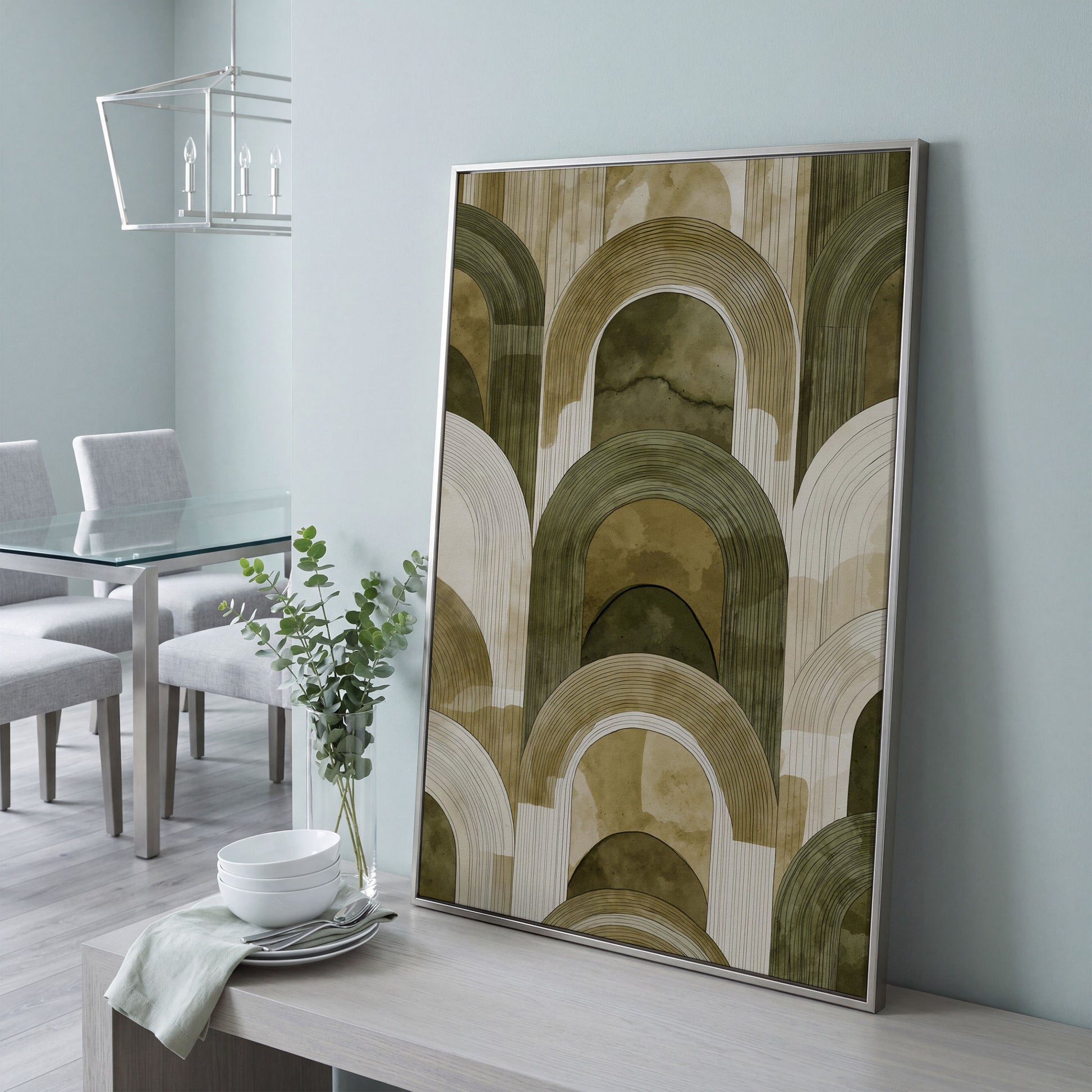Arch and Rectangle Abstract. Geometric Canvas Wall Art in silver floating frame