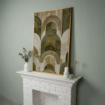Arch and Rectangle Abstract. Geometric Canvas Wall Art in yellow gold floating frame