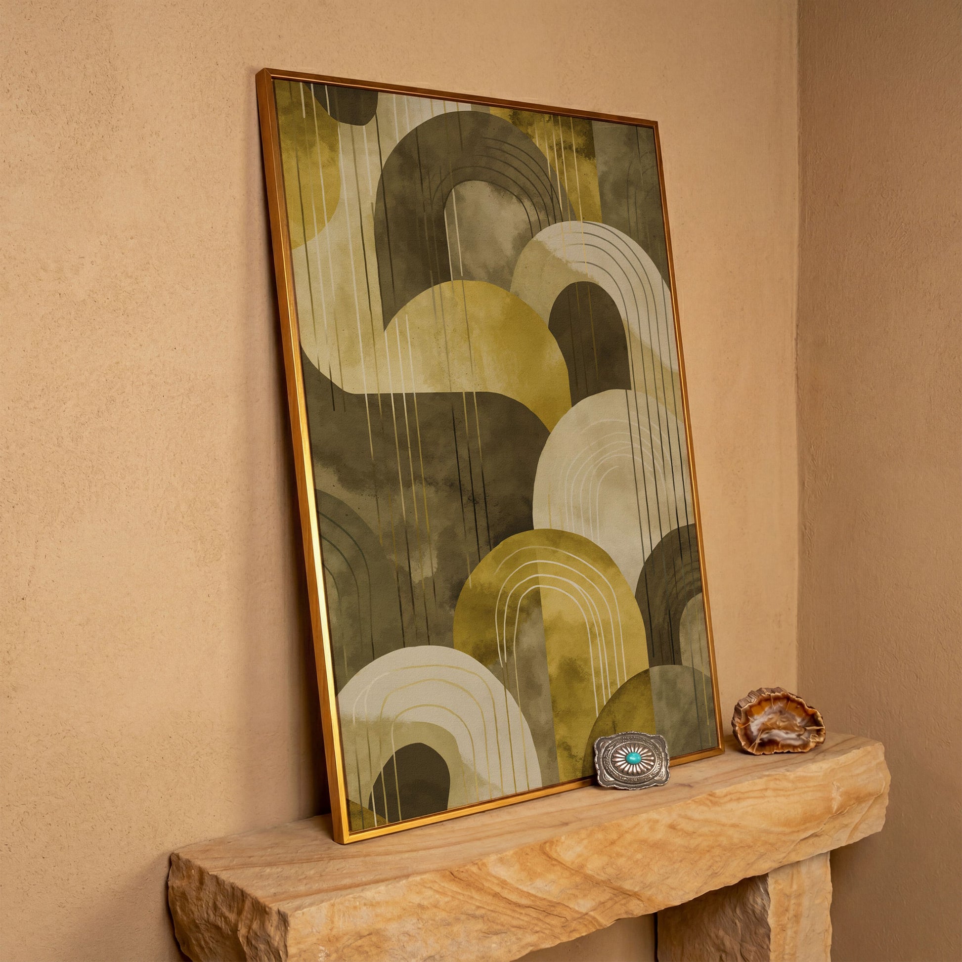 Abstract Arches and Geometric Lines Canvas Wall Art in antique gold floating frame