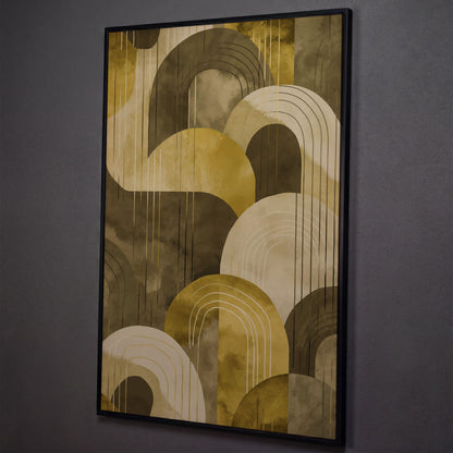 Abstract Arches and Geometric Lines Canvas Wall Art shown in black floating frame