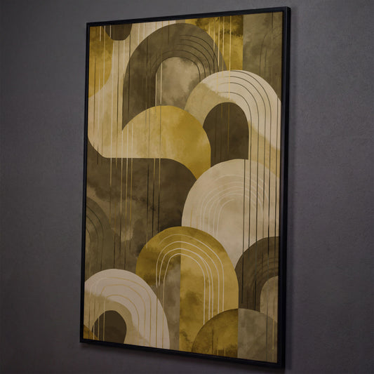 Abstract Arches and Geometric Lines Canvas Wall Art shown in black floating frame