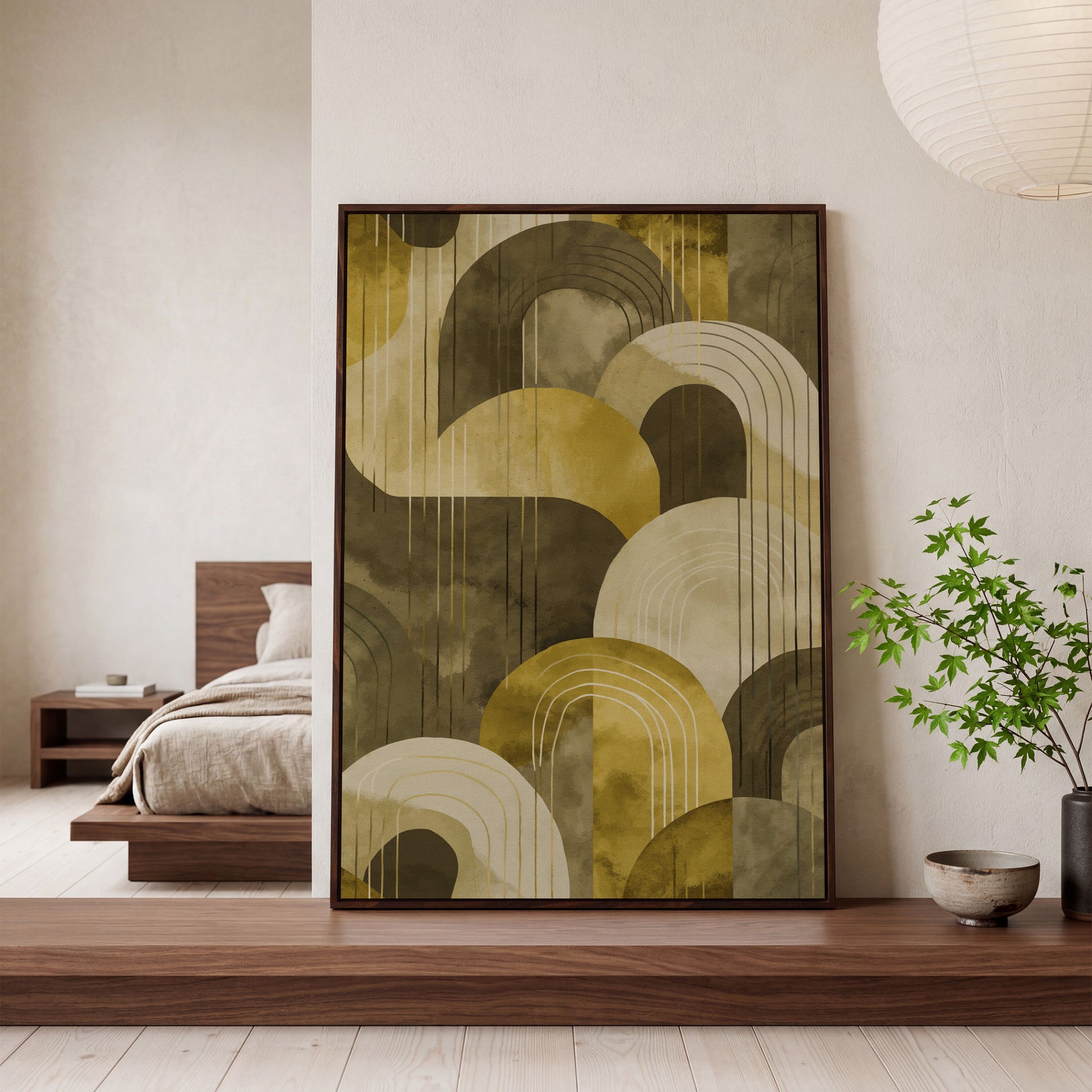 Abstract Arches and Geometric Lines Canvas Wall Art in dark walnut floating frame
