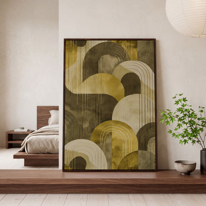 Abstract Arches and Geometric Lines Canvas Wall Art in dark walnut floating frame