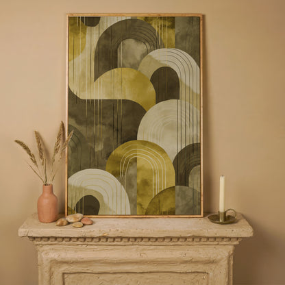 Abstract Arches and Geometric Lines Canvas Wall Art in white oak floating frame