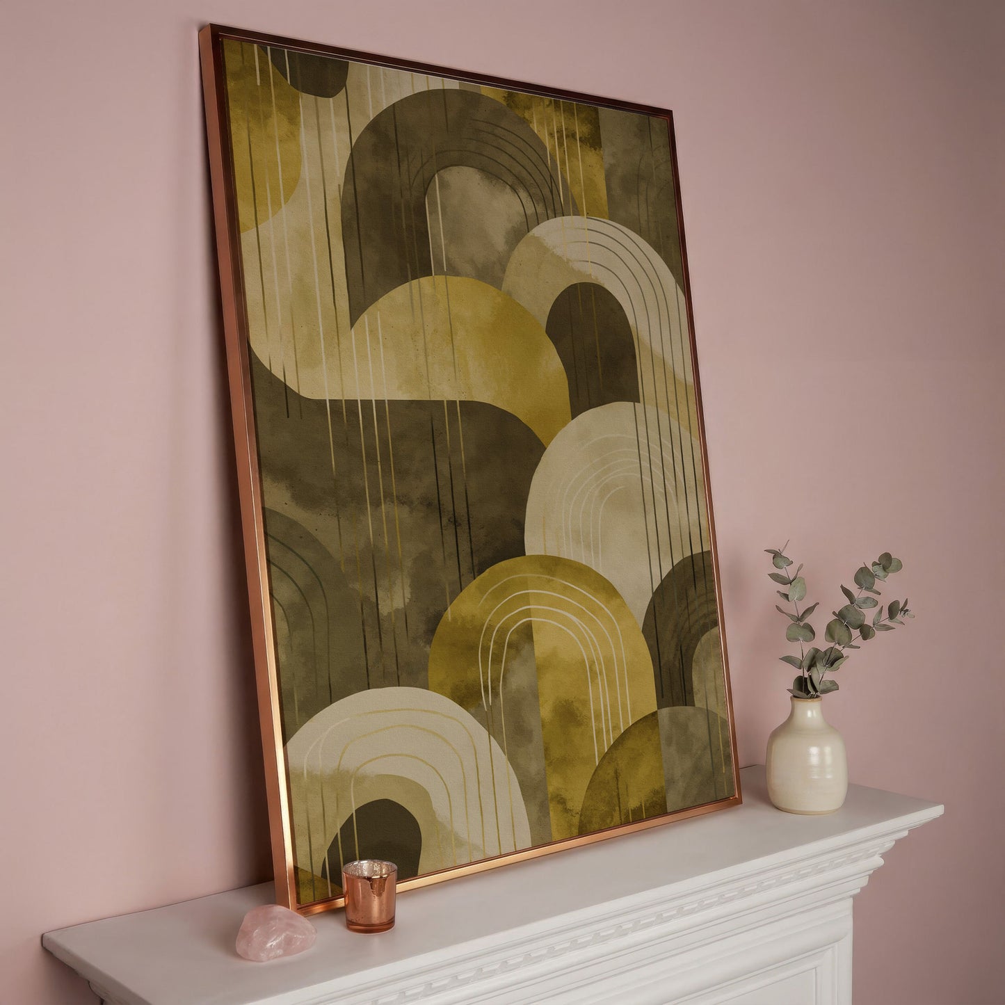 Abstract Arches and Geometric Lines Canvas Wall Art in rose gold floating frame