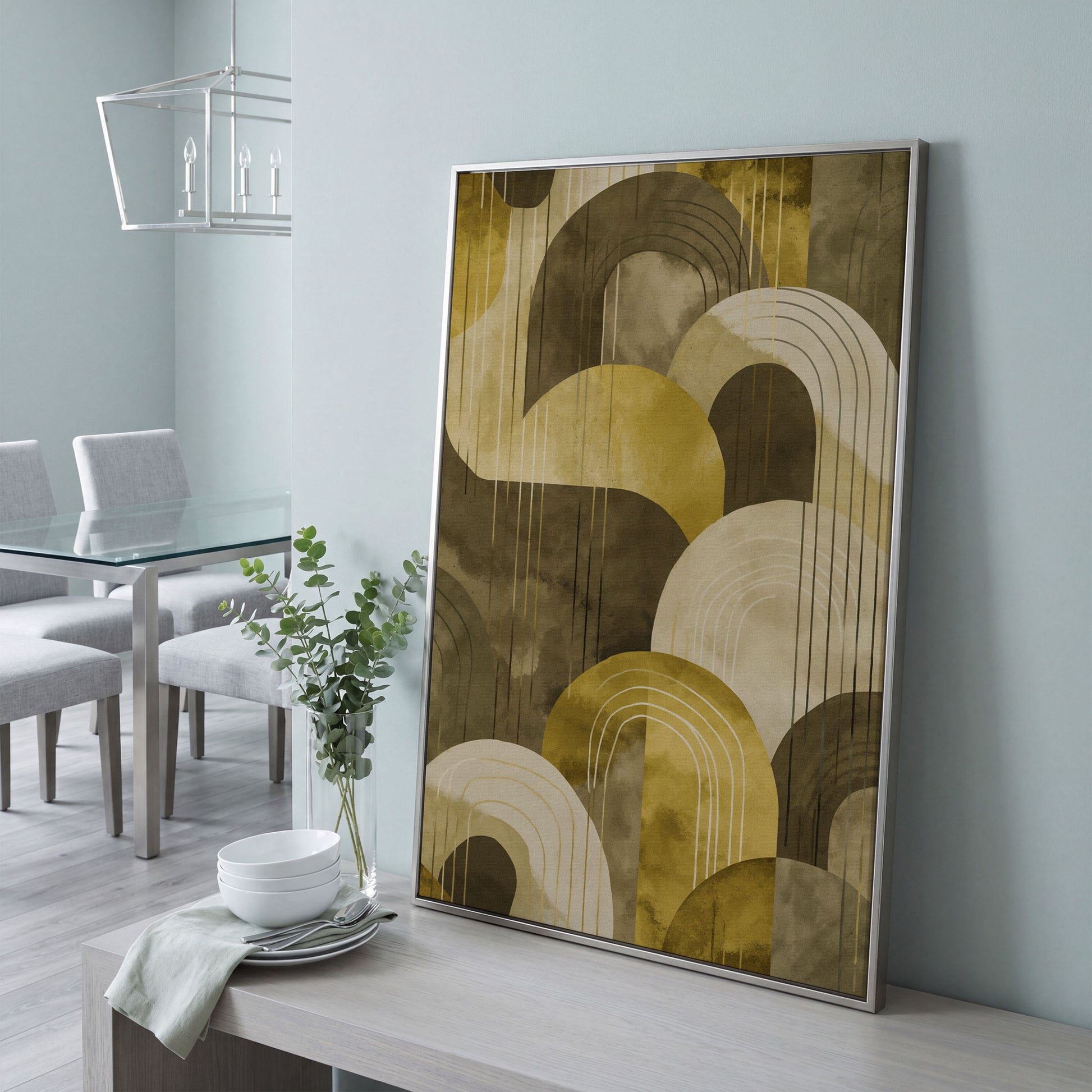 Abstract Arches and Geometric Lines Canvas Wall Art in silver floating frame