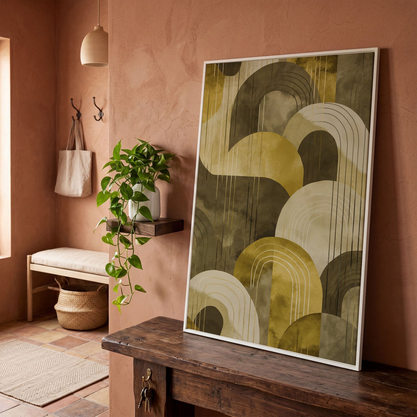 Abstract Arches and Geometric Lines Canvas Wall Art in white floating frame