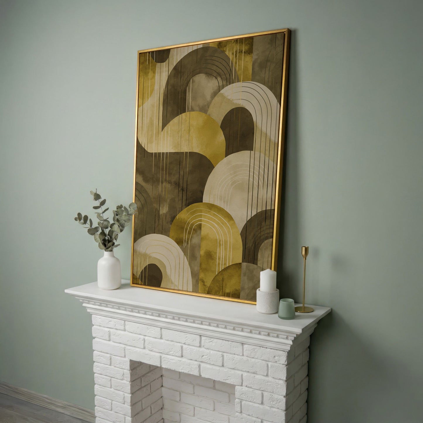 Abstract Arches and Geometric Lines Canvas Wall Art in yellow gold floating frame