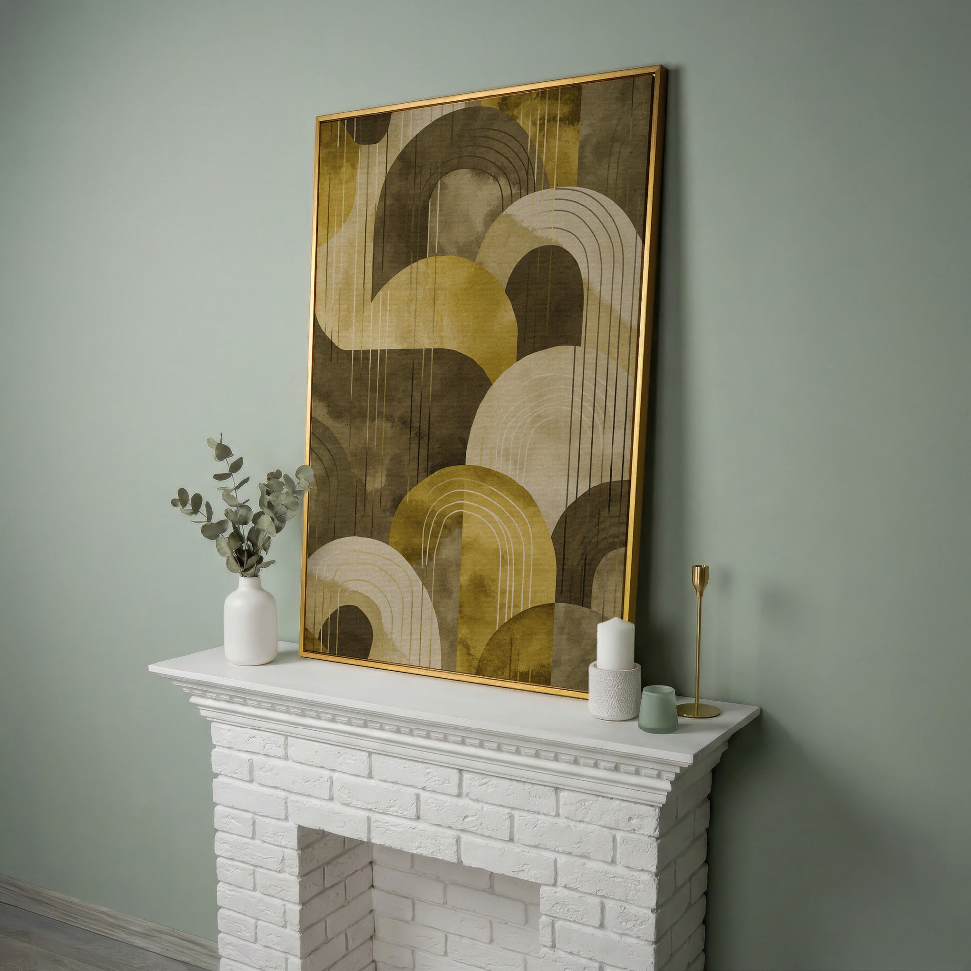 Abstract Arches and Geometric Lines Canvas Wall Art in yellow gold floating frame