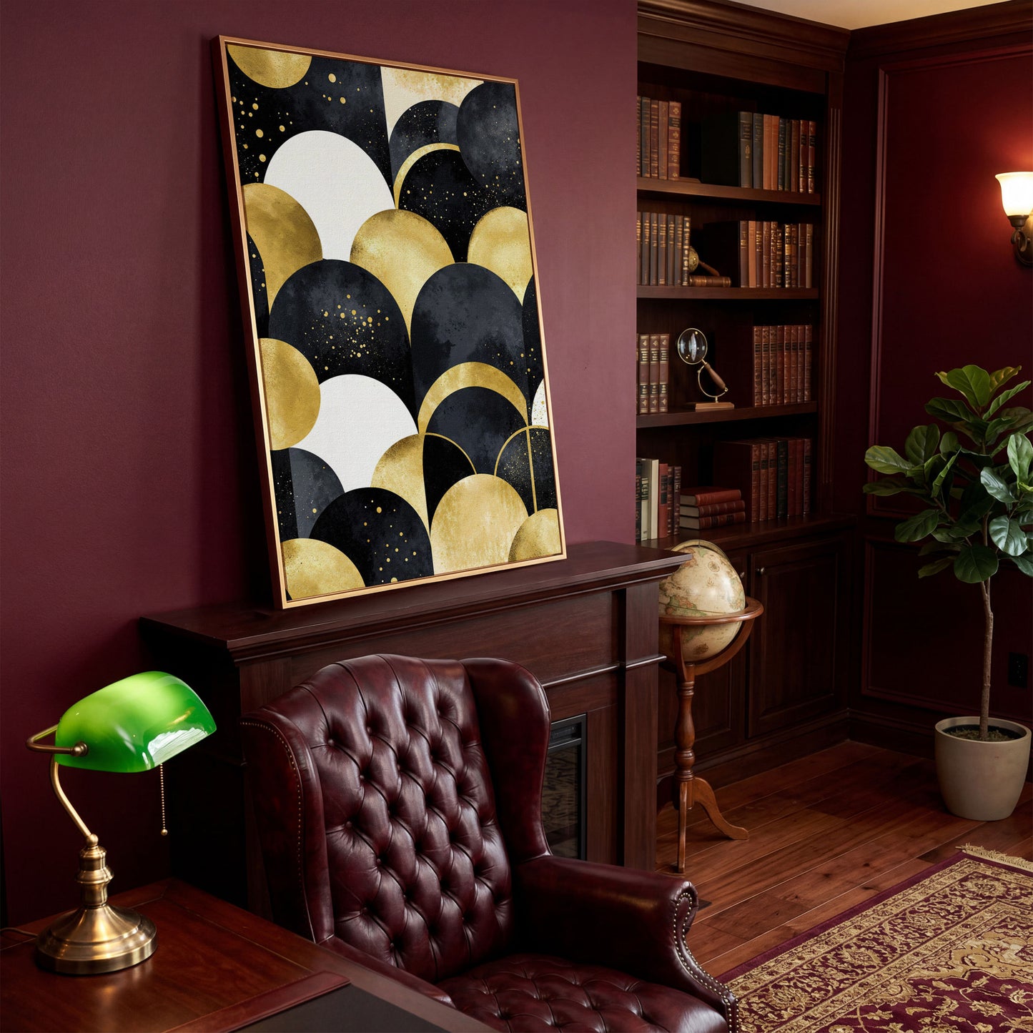Abstract Circles Geometric Pattern Canvas Wall Art in antique gold floating frame