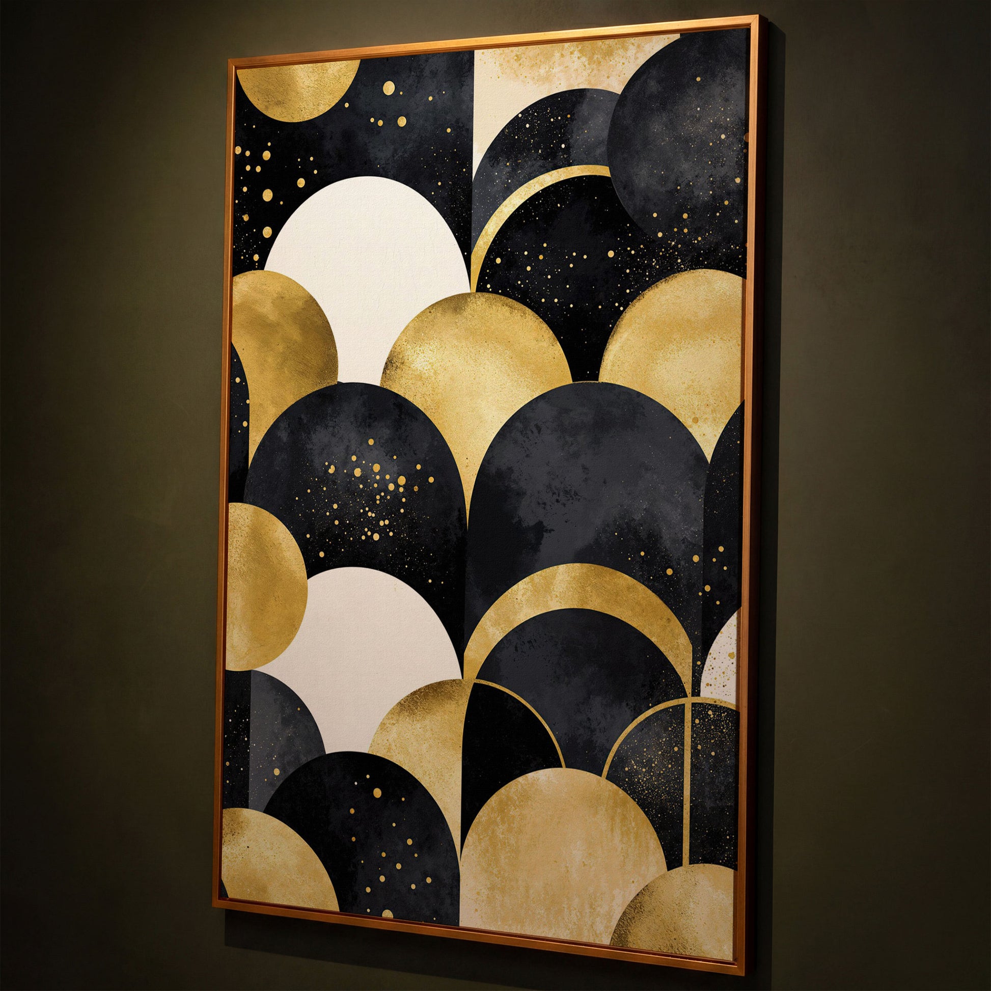 Abstract Circles Geometric Pattern Canvas Wall Art shown in antique gold floating frame