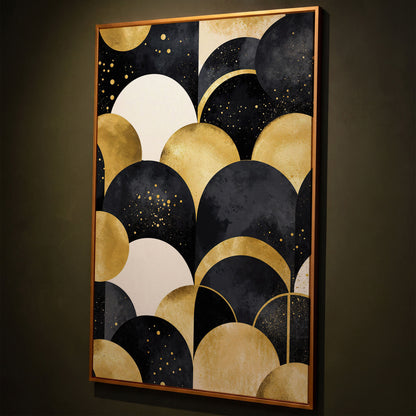 Abstract Circles Geometric Pattern Canvas Wall Art shown in antique gold floating frame