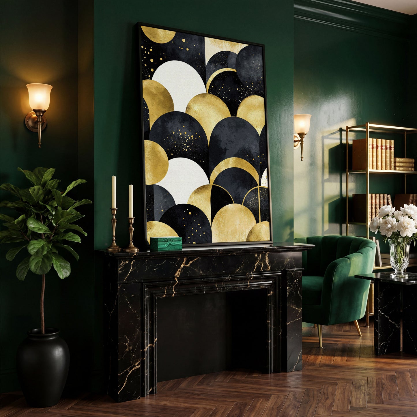 Abstract Circles Geometric Pattern Canvas Wall Art in black floating frame