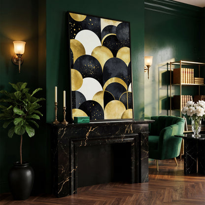 Abstract Circles Geometric Pattern Canvas Wall Art in black floating frame