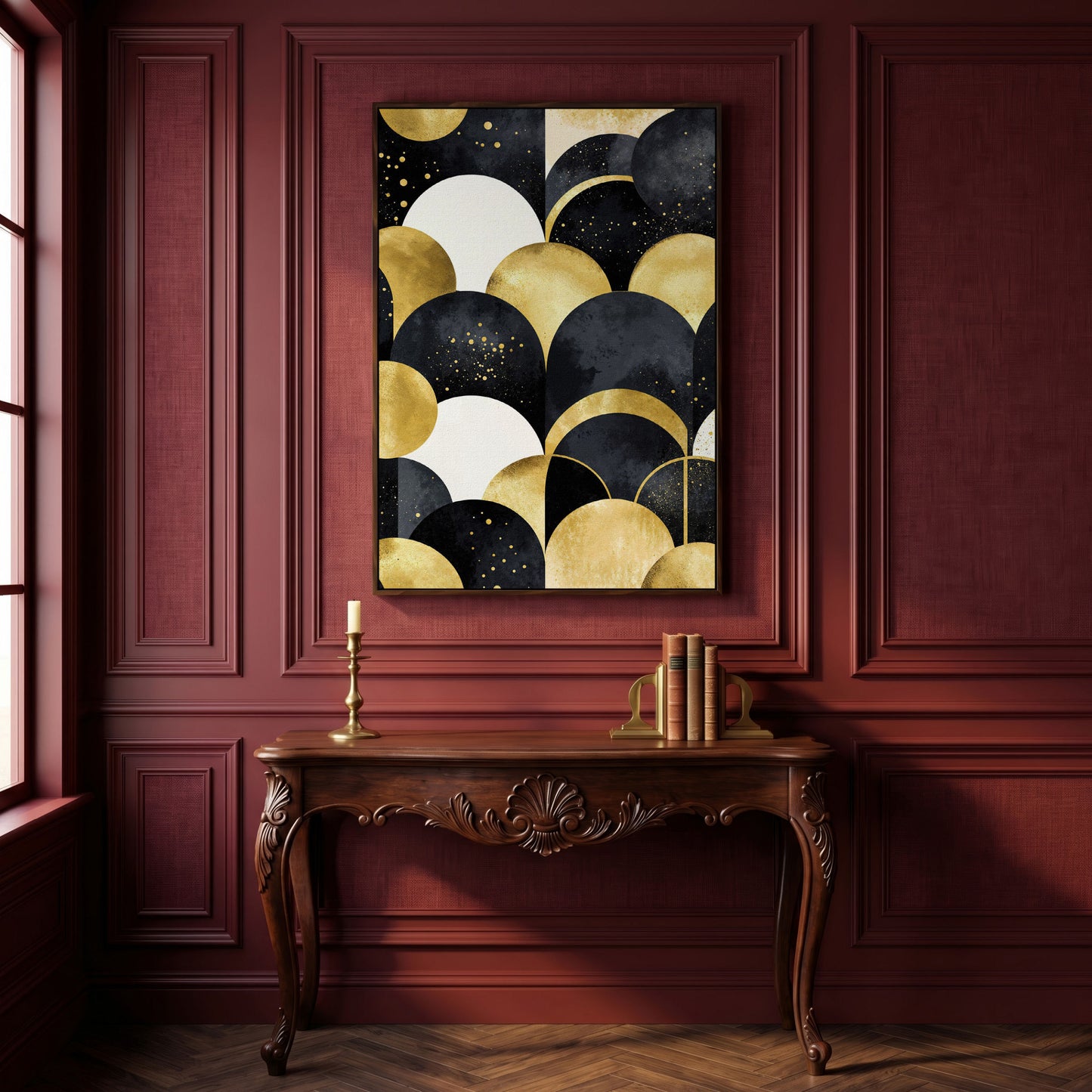 Abstract Circles Geometric Pattern Canvas Wall Art in dark walnut floating frame