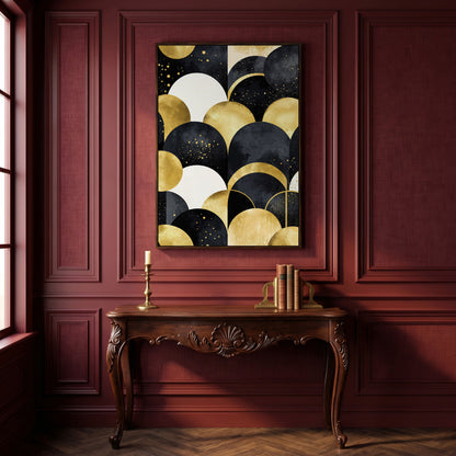 Abstract Circles Geometric Pattern Canvas Wall Art in dark walnut floating frame