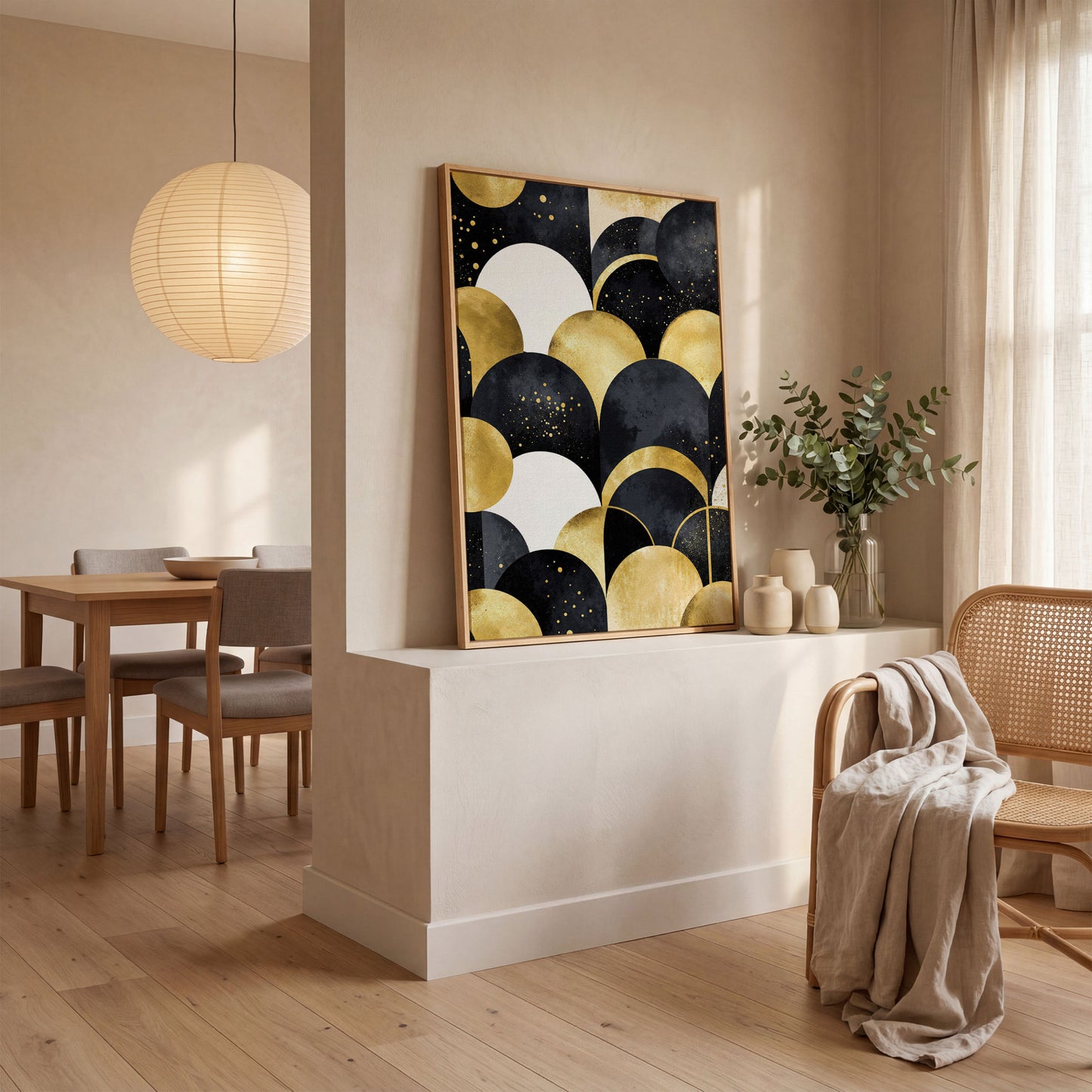 Abstract Circles Geometric Pattern Canvas Wall Art in white oak floating frame