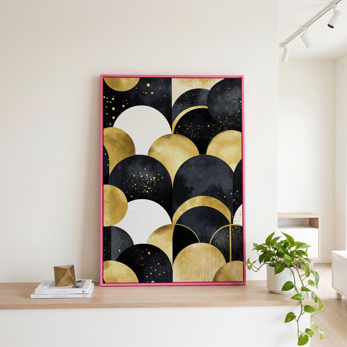 Abstract Circles Geometric Pattern Canvas Wall Art in pink floating frame