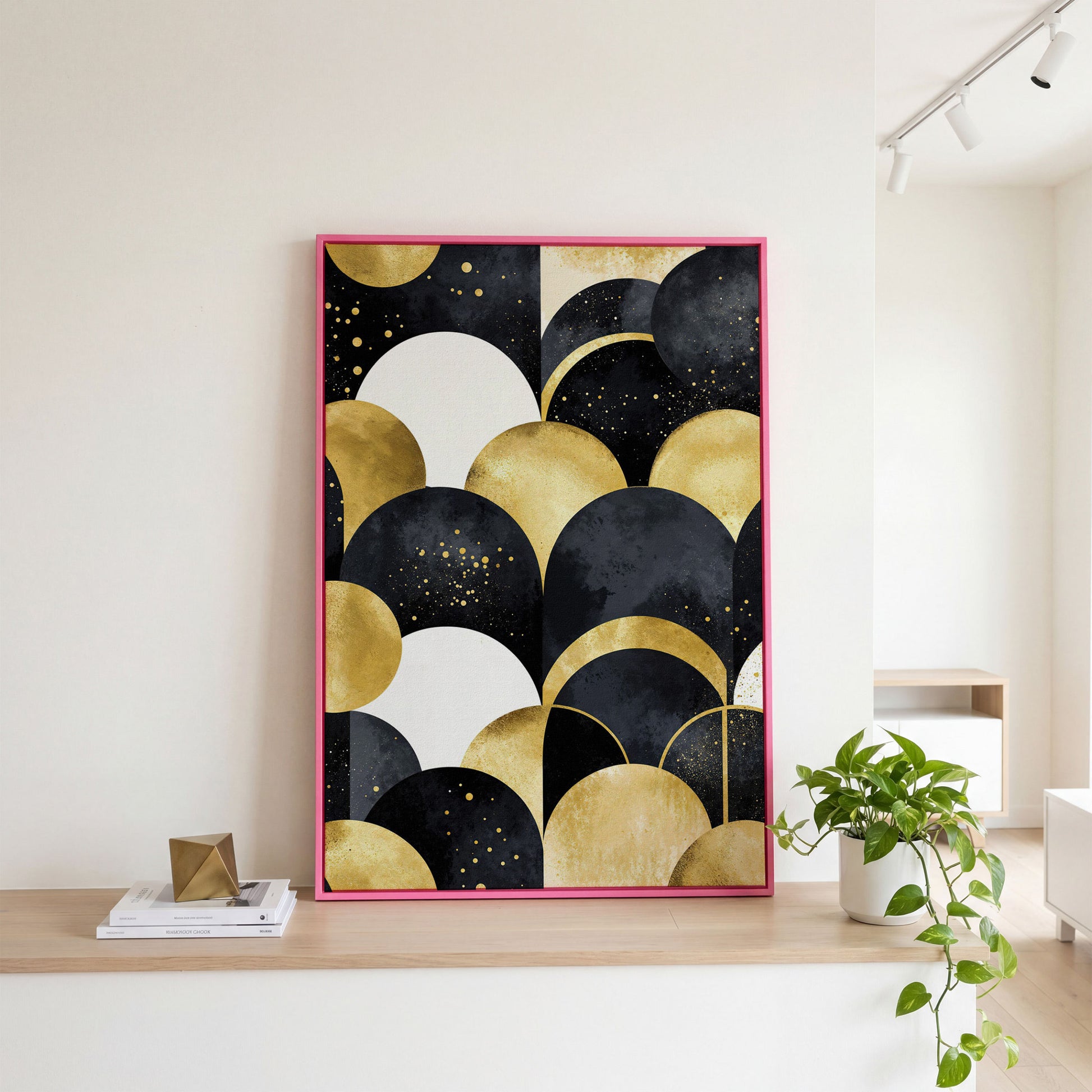 Abstract Circles Geometric Pattern Canvas Wall Art in pink floating frame