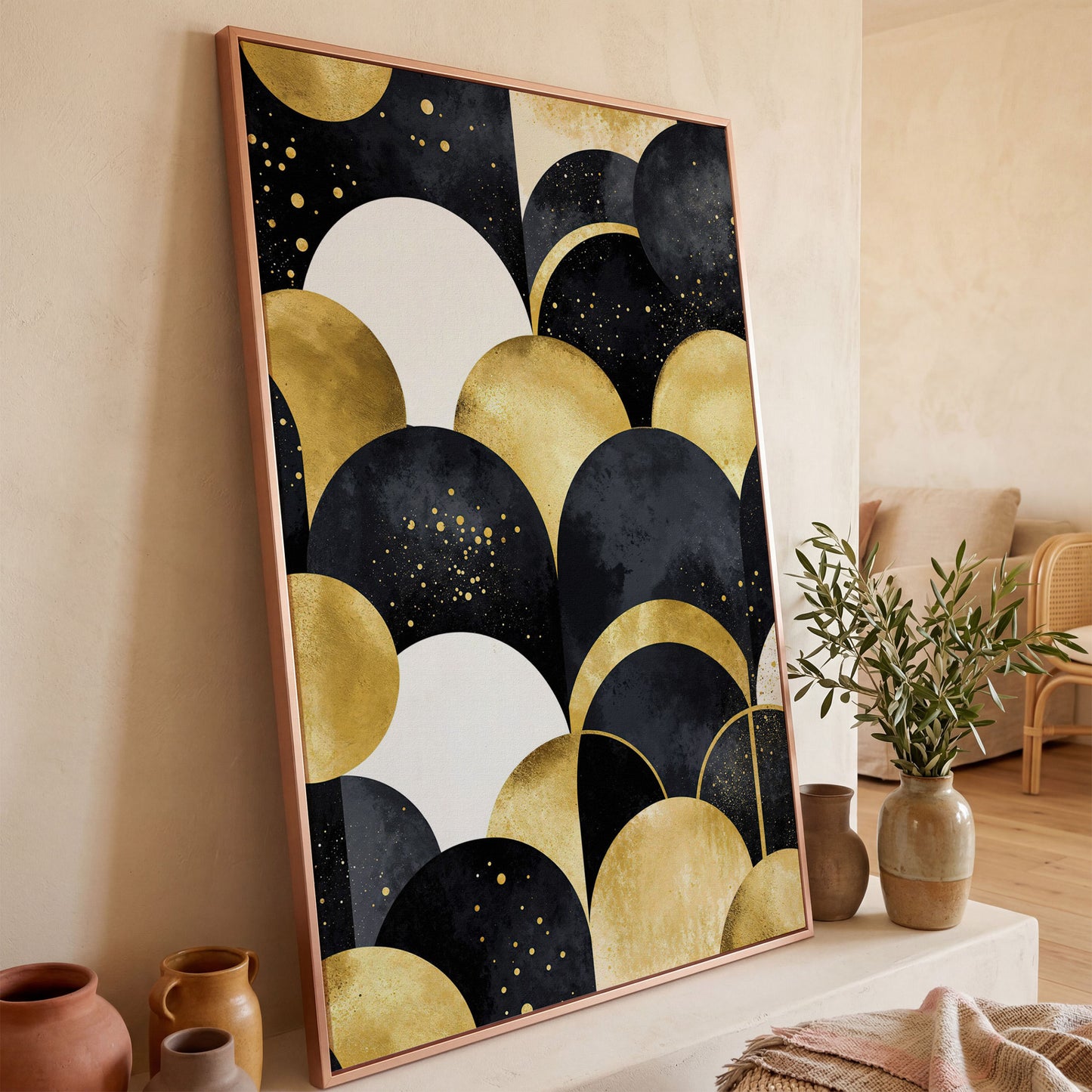 Abstract Circles Geometric Pattern Canvas Wall Art in rose gold floating frame