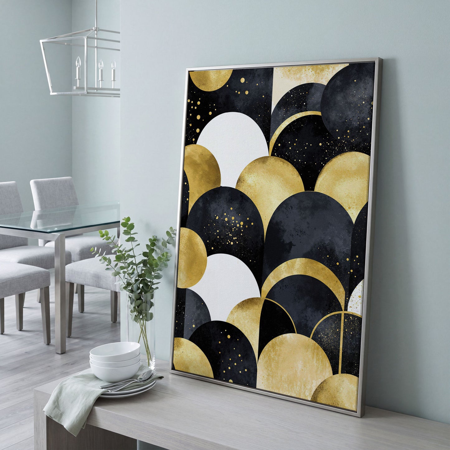 Abstract Circles Geometric Pattern Canvas Wall Art in silver floating frame