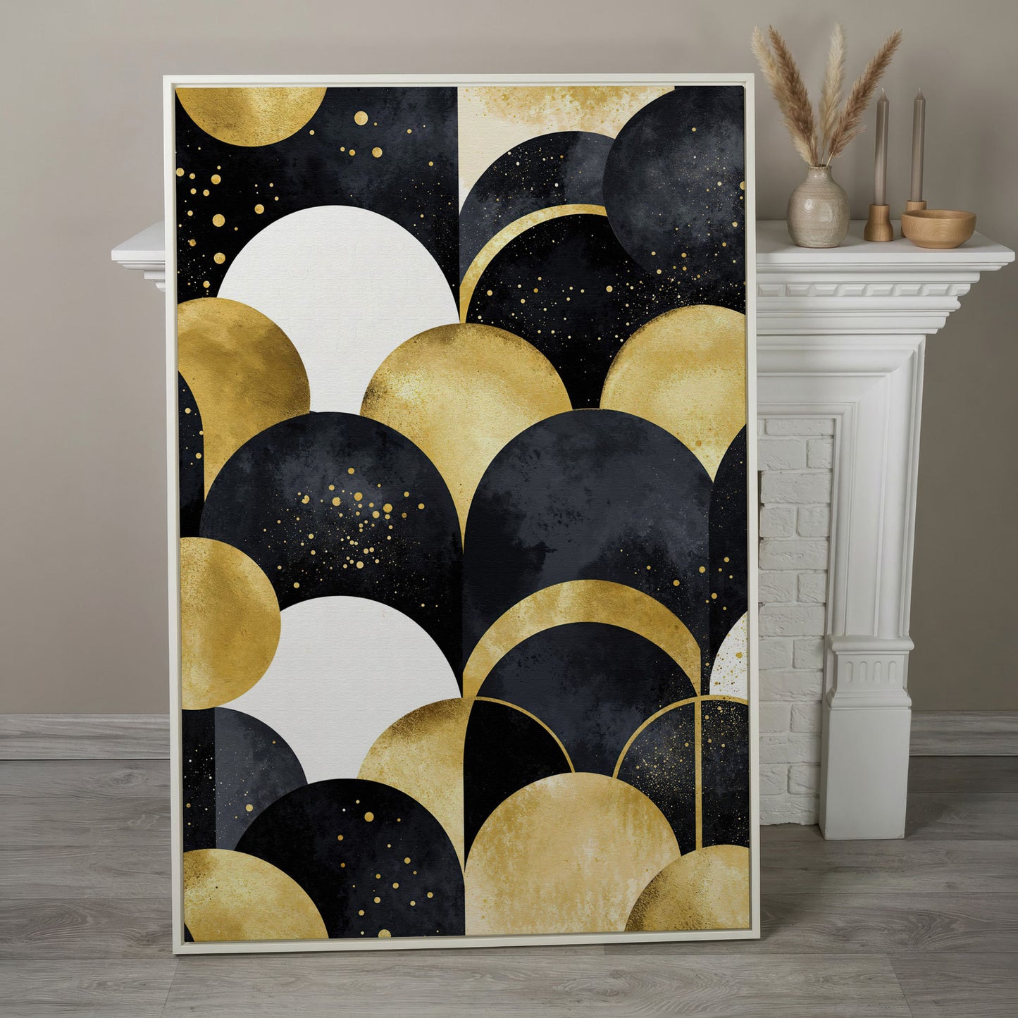 Abstract Circles Geometric Pattern Canvas Wall Art in white floating frame