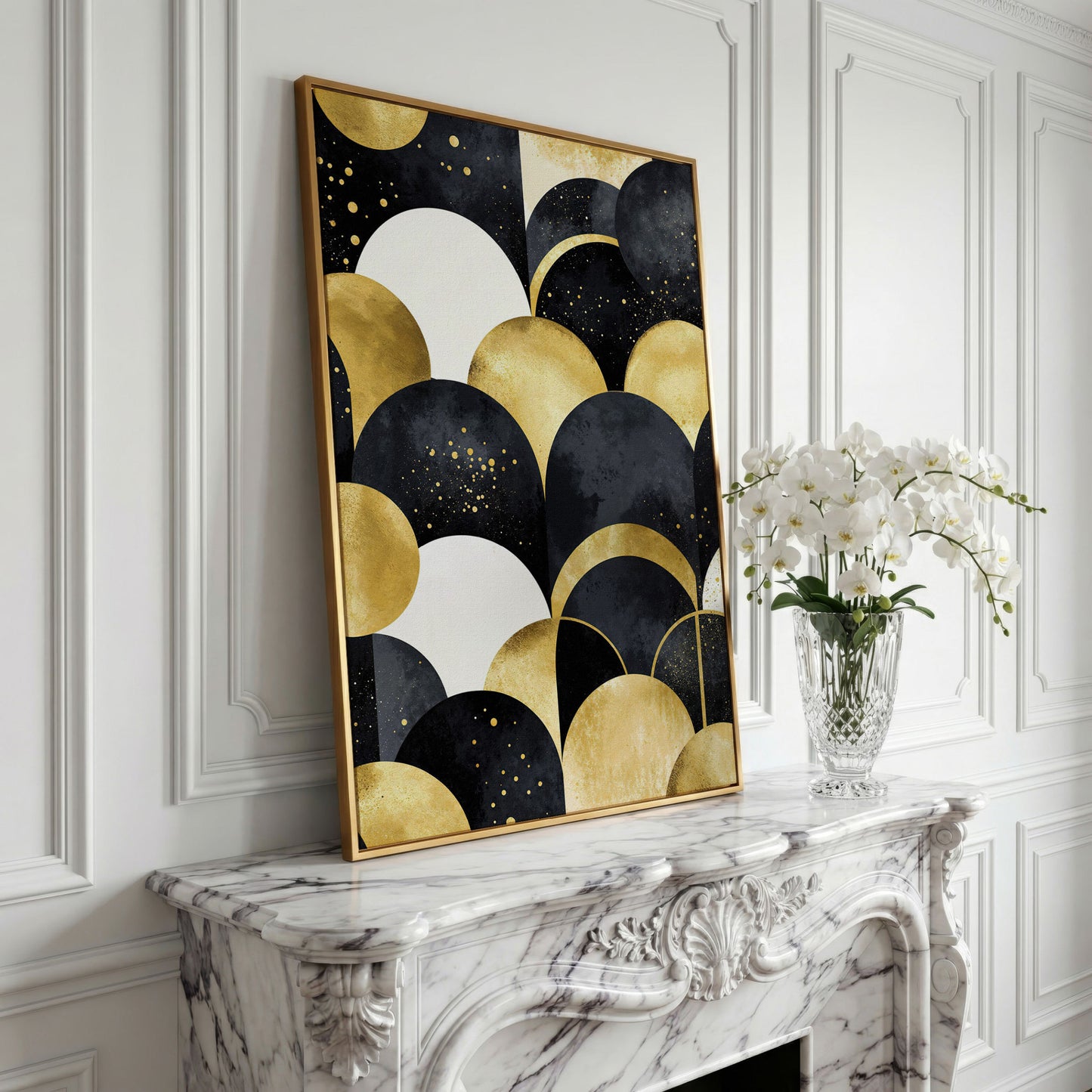 Abstract Circles Geometric Pattern Canvas Wall Art in yellow gold floating frame