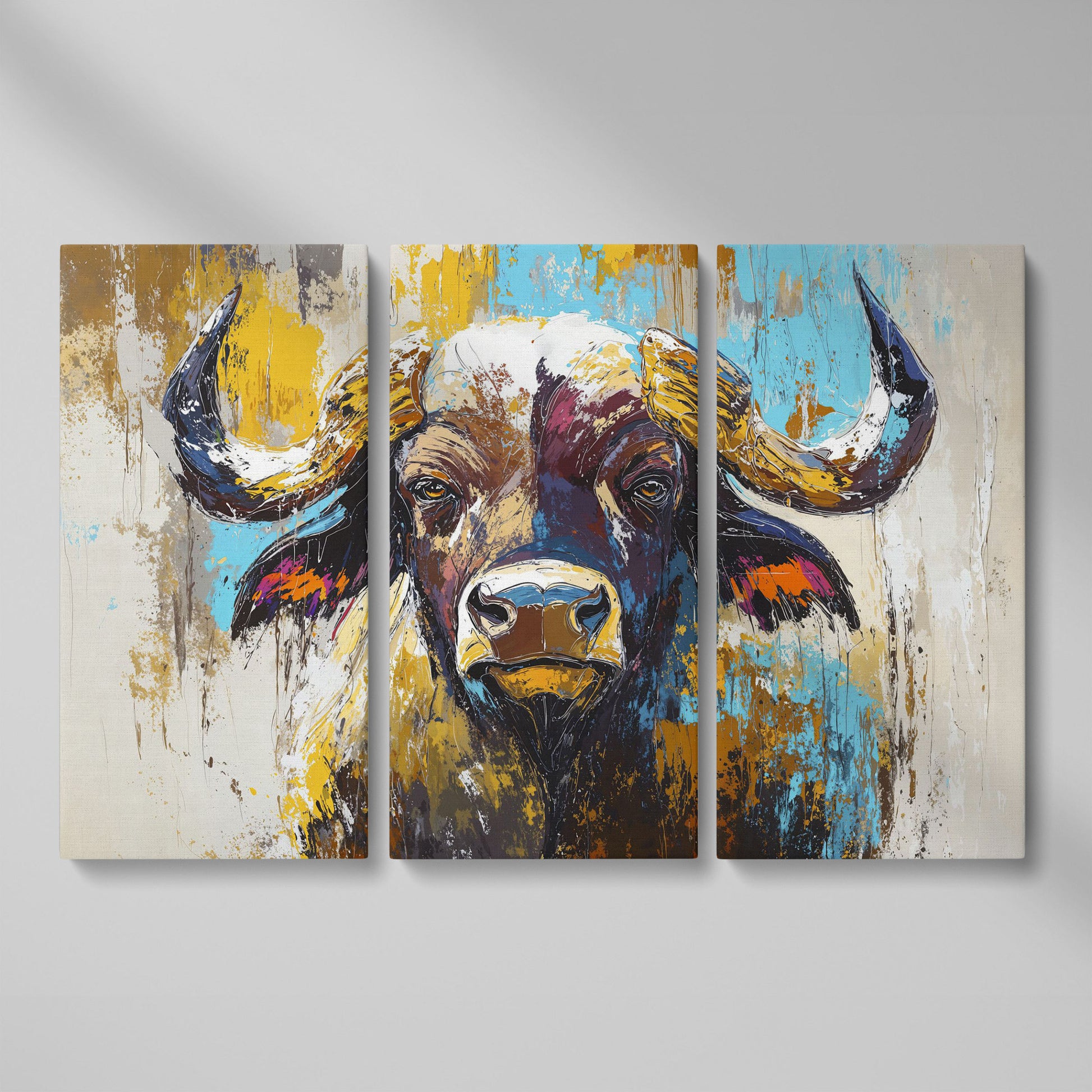 Close-Up Bull Portrait Canvas Wall Art, Large Landscape Print as 3-panel split version