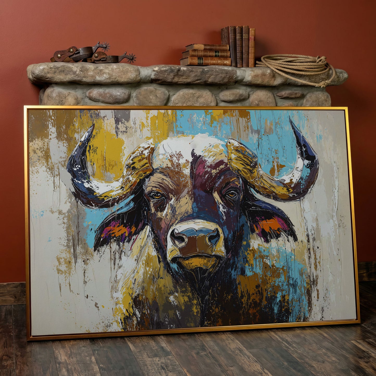 Close-Up Bull Portrait Canvas Wall Art, Large Landscape Print in antique gold floating frame