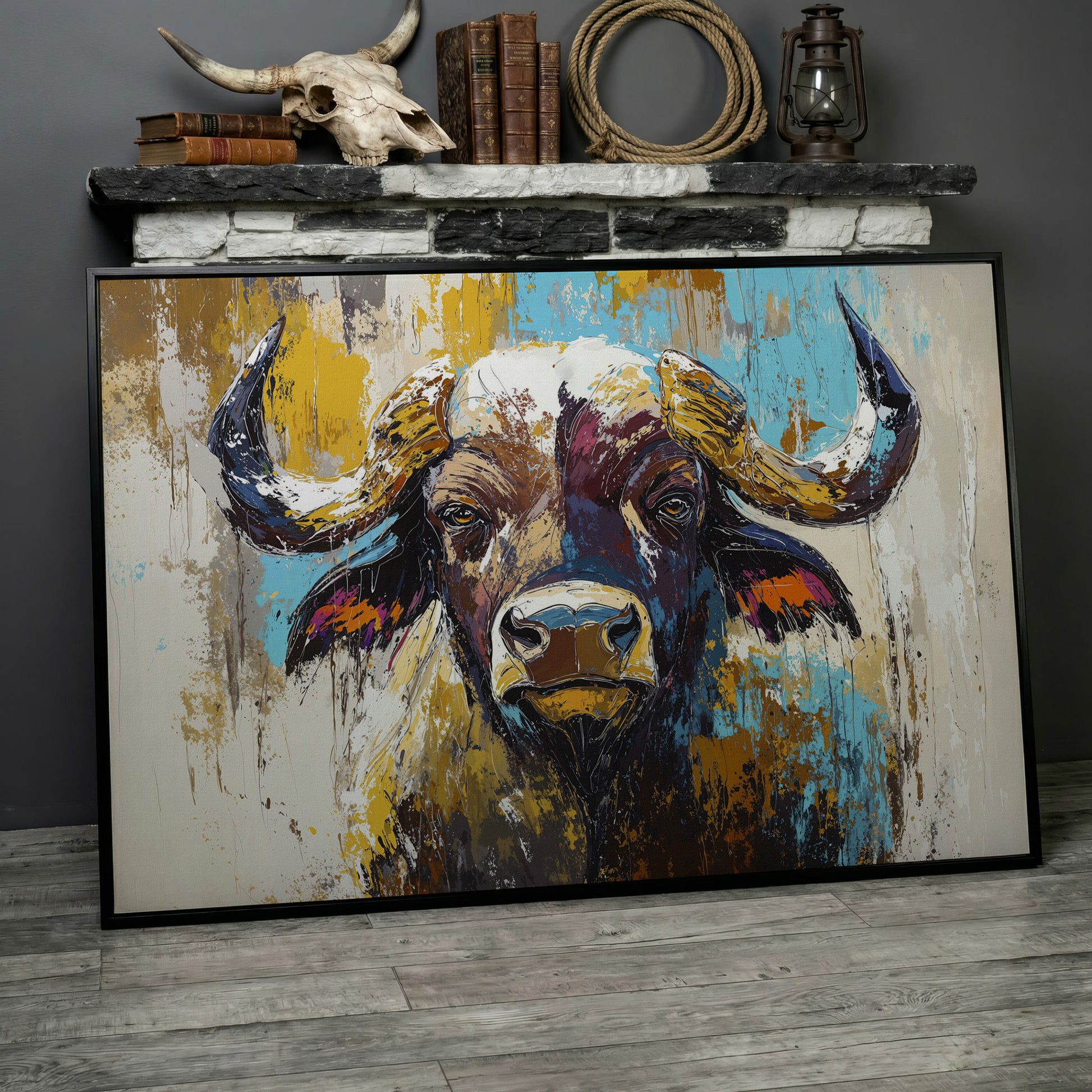 Close-Up Bull Portrait Canvas Wall Art, Large Landscape Print in black floating frame
