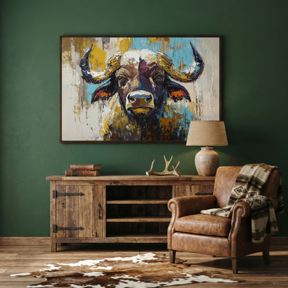 Close-Up Bull Portrait Canvas Wall Art, Large Landscape Print in dark walnut floating frame