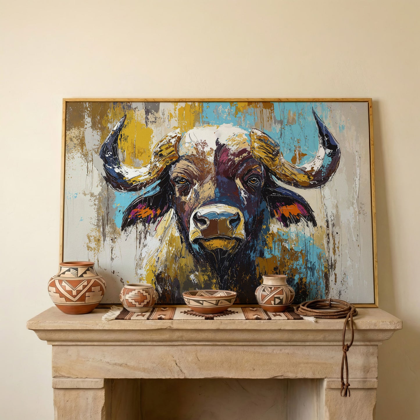 Close-Up Bull Portrait Canvas Wall Art, Large Landscape Print in white oak floating frame