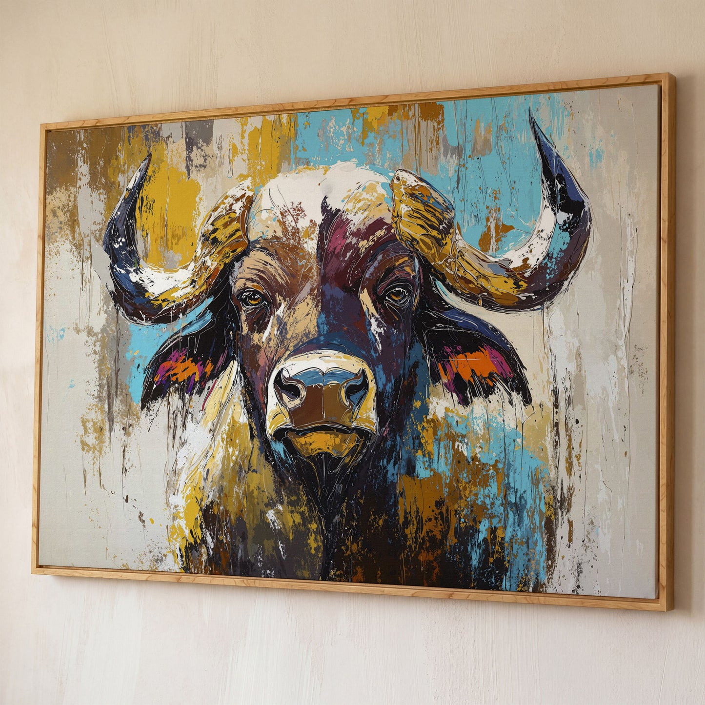 Close-Up Bull Portrait Canvas Wall Art, Large Landscape Print shown in white oak floating frame