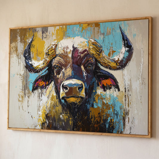 Close-Up Bull Portrait Canvas Wall Art, Large Landscape Print shown in white oak floating frame