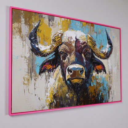 Close-Up Bull Portrait Canvas Wall Art, Large Landscape Print in pink floating frame