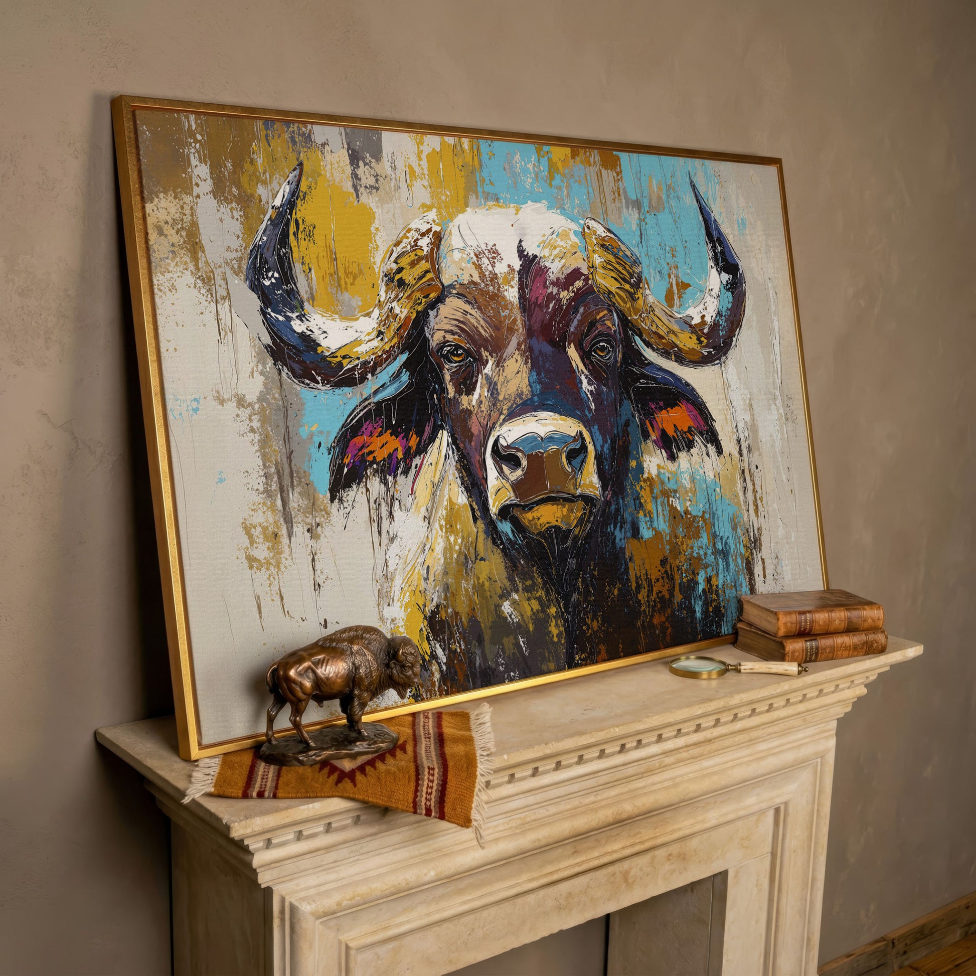 Close-Up Bull Portrait Canvas Wall Art, Large Landscape Print in rose gold floating frame