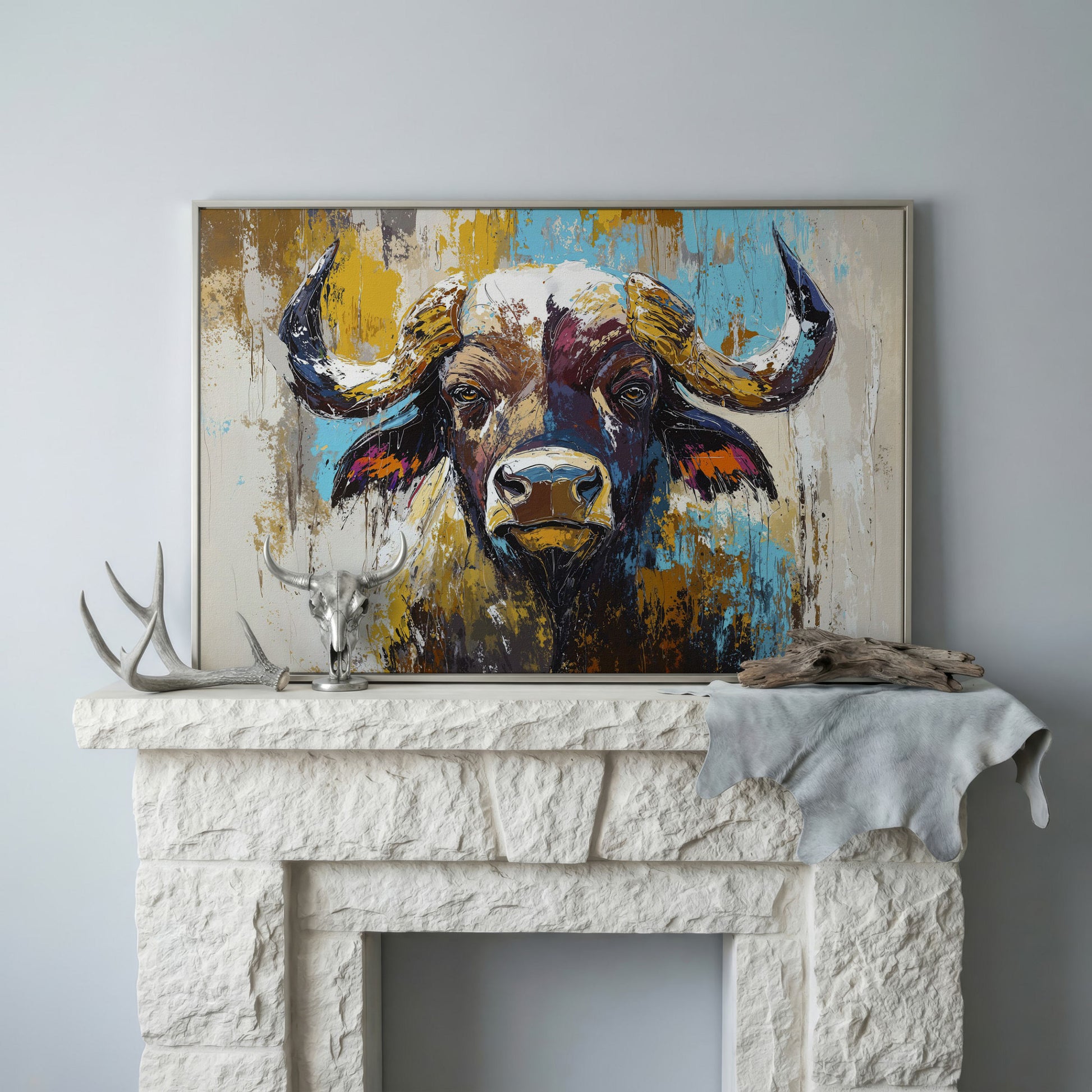 Close-Up Bull Portrait Canvas Wall Art, Large Landscape Print in silver floating frame