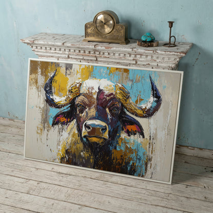 Close-Up Bull Portrait Canvas Wall Art, Large Landscape Print in white floating frame