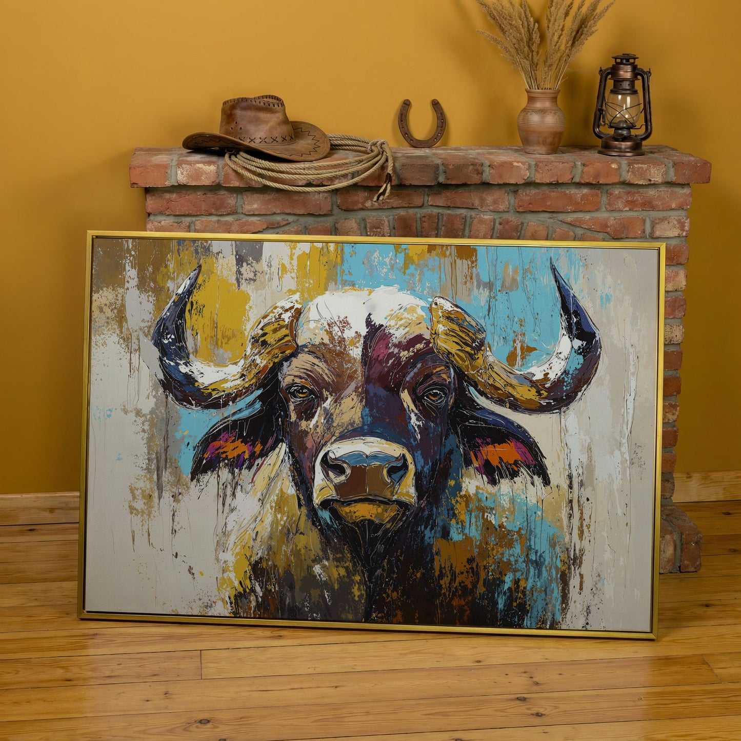 Close-Up Bull Portrait Canvas Wall Art, Large Landscape Print in yellow gold floating frame