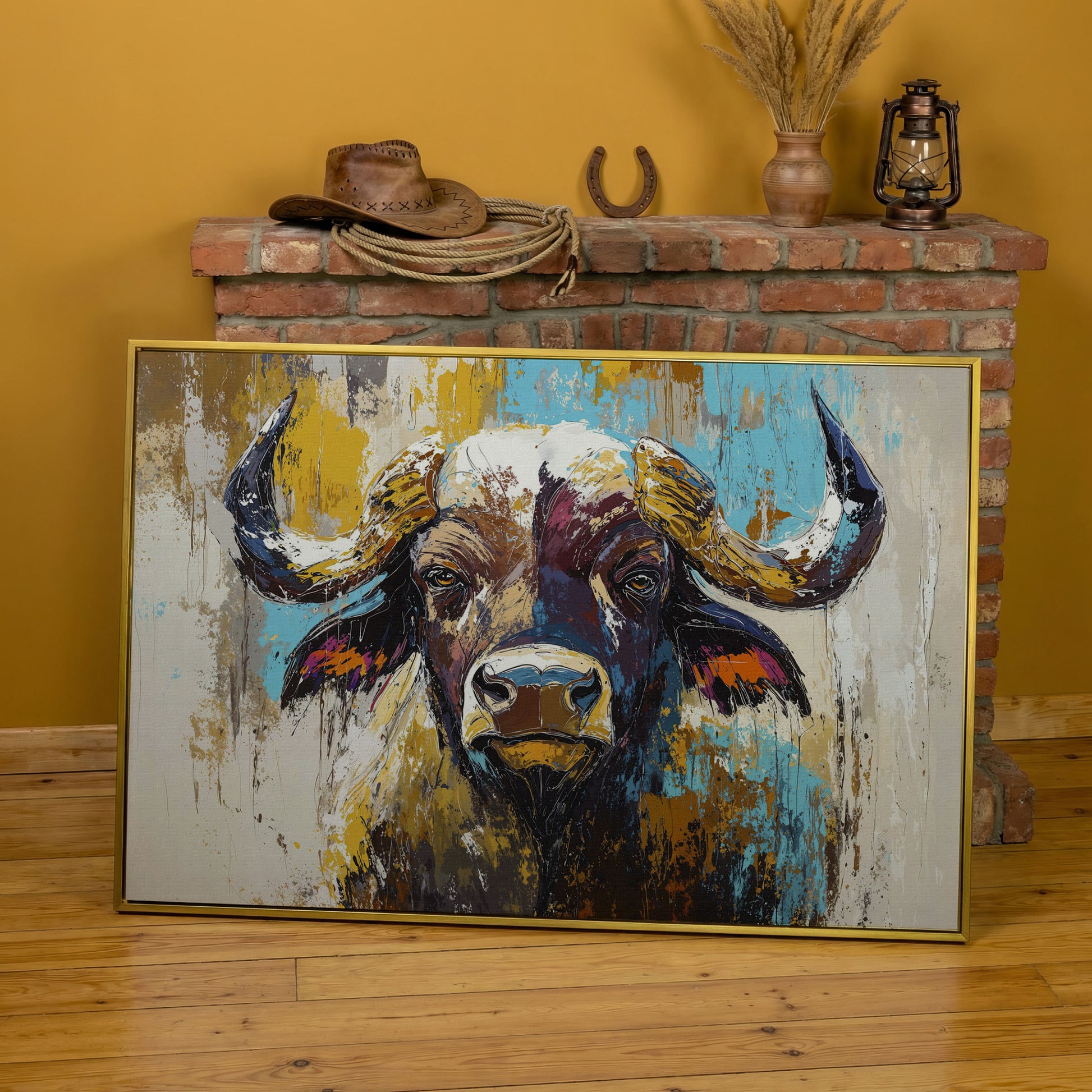 Close-Up Bull Portrait Canvas Wall Art, Large Landscape Print in yellow gold floating frame