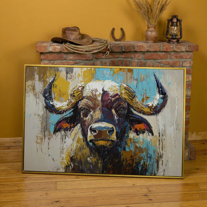 Close-Up Bull Portrait Canvas Wall Art, Large Landscape Print in yellow gold floating frame