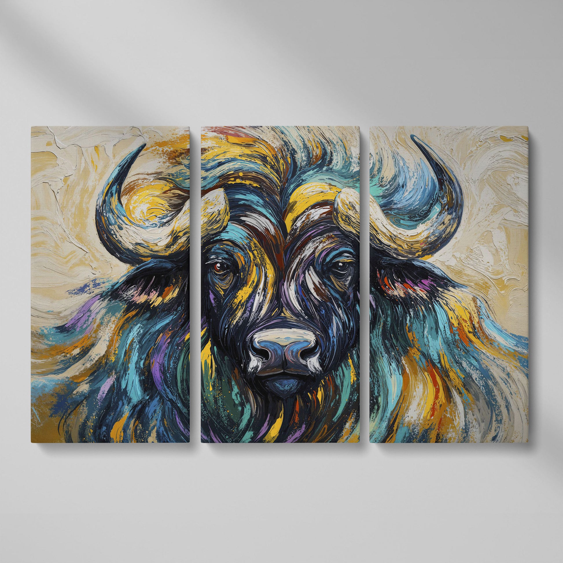 Bison Close-Up Canvas Wall Art, Large Wildlife Portrait Print as 3-panel split version