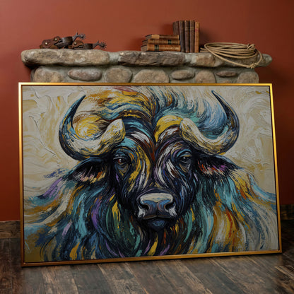 Bison Close-Up Canvas Wall Art, Large Wildlife Portrait Print in antique gold floating frame