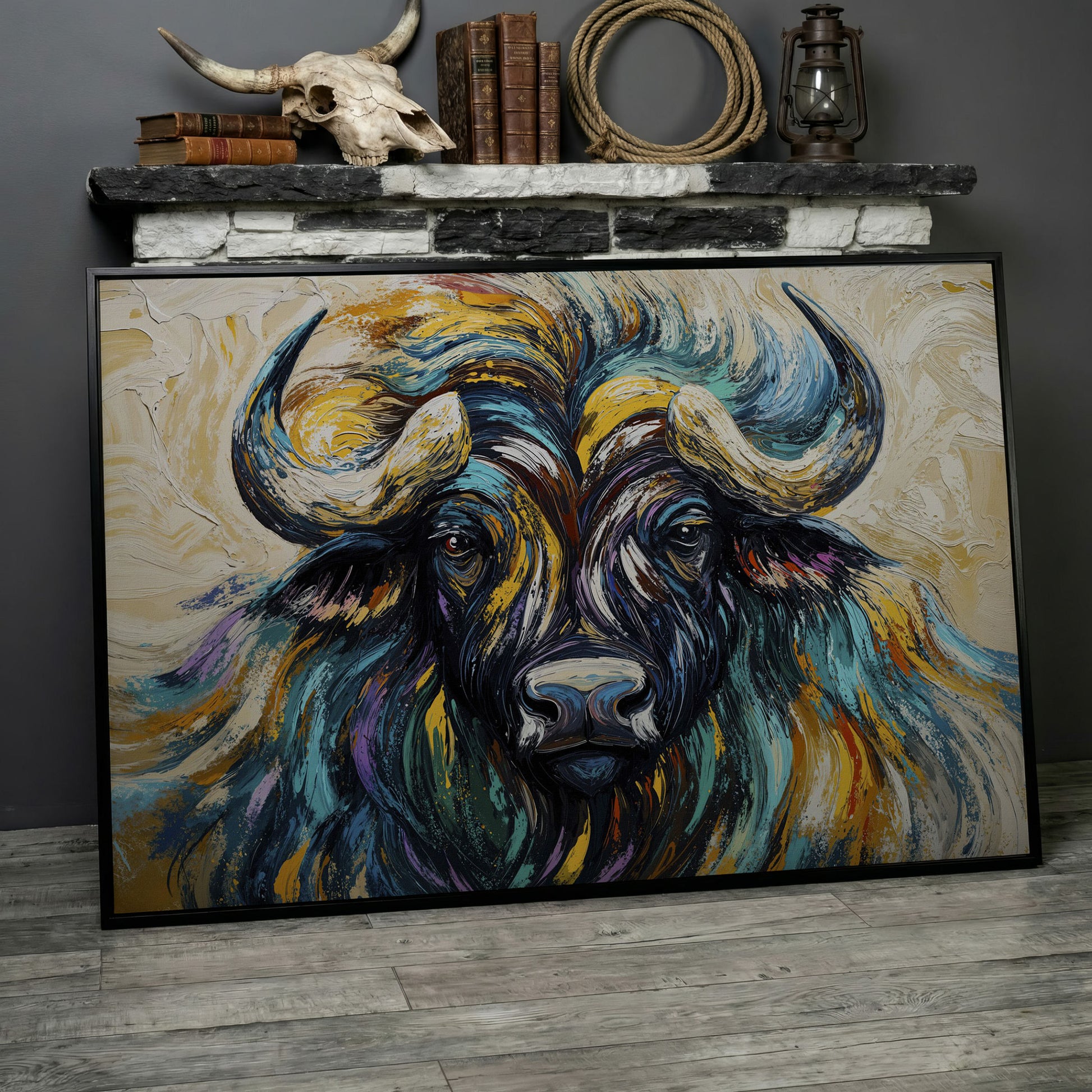 Bison Close-Up Canvas Wall Art, Large Wildlife Portrait Print in black floating frame